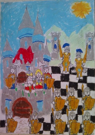 konkurs plastyczny, bajkowy świat szachów, miesięcznik mat, edukacja przez szachy w szkole, polski związek szachowy, rysunek, praca plastyczna, kurs interaktywny szachydzieciom.pl, bierki szachowe, szachownica, zamek, słoneczko,
