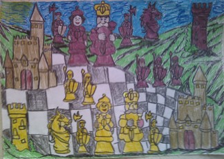 konkurs plastyczny, bajkowy świat szachów, miesięcznik mat, edukacja przez szachy w szkole, polski związek szachowy, rysunek, praca plastyczna, kurs interaktywny szachydzieciom.pl, bierki szachowe, szachownica, zamki, wzgórza,