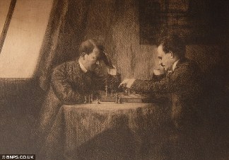 Rycina z 1909 roku rzekomo przedstawiająca młodego Adolfa Hitlera grającego w Wiedniu w szachy z Leninem.