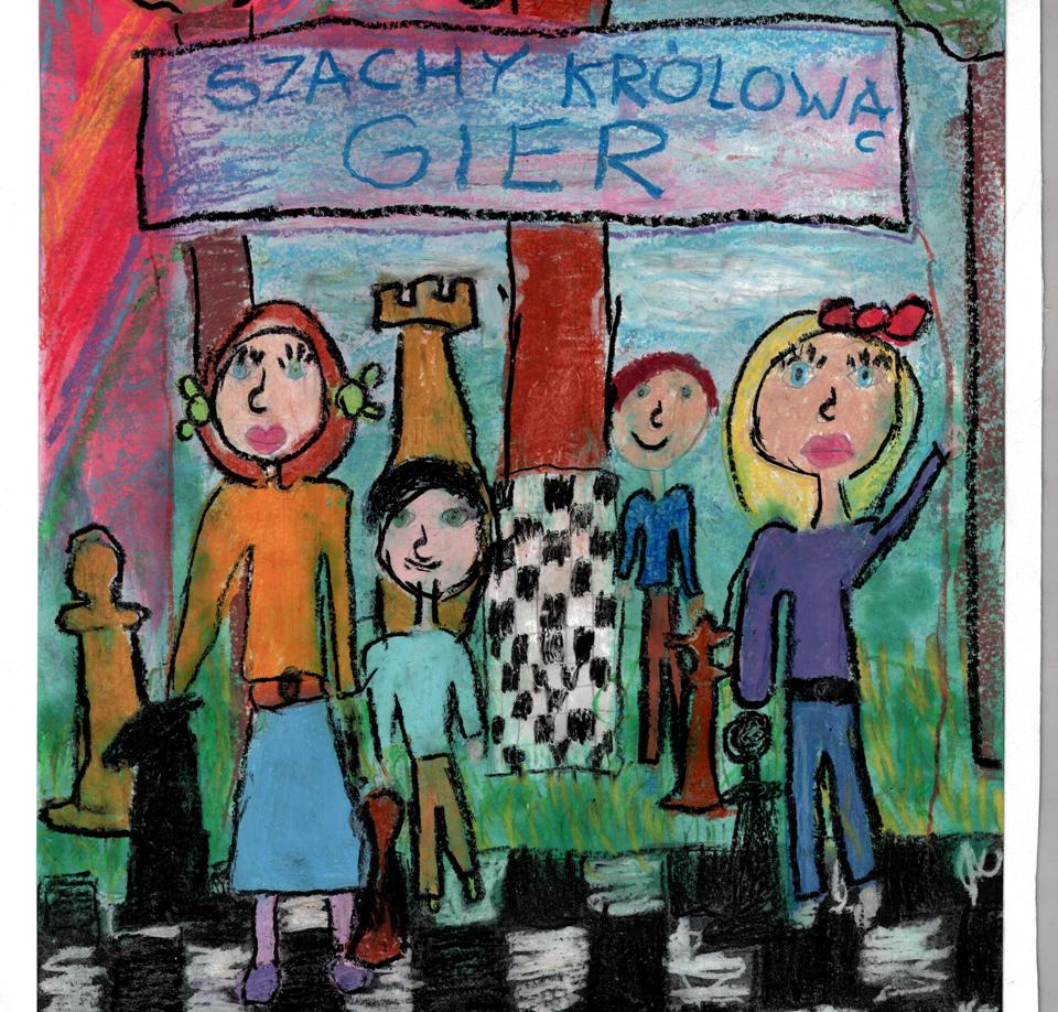 Rysunek – Maja Kaszuba (9 lat, Zespół Szkół w Mrzeżynie). Konkurs KROLEWSKA GRA – SZACHY, MDK Śródmieście Wrocław, listopad 2015.